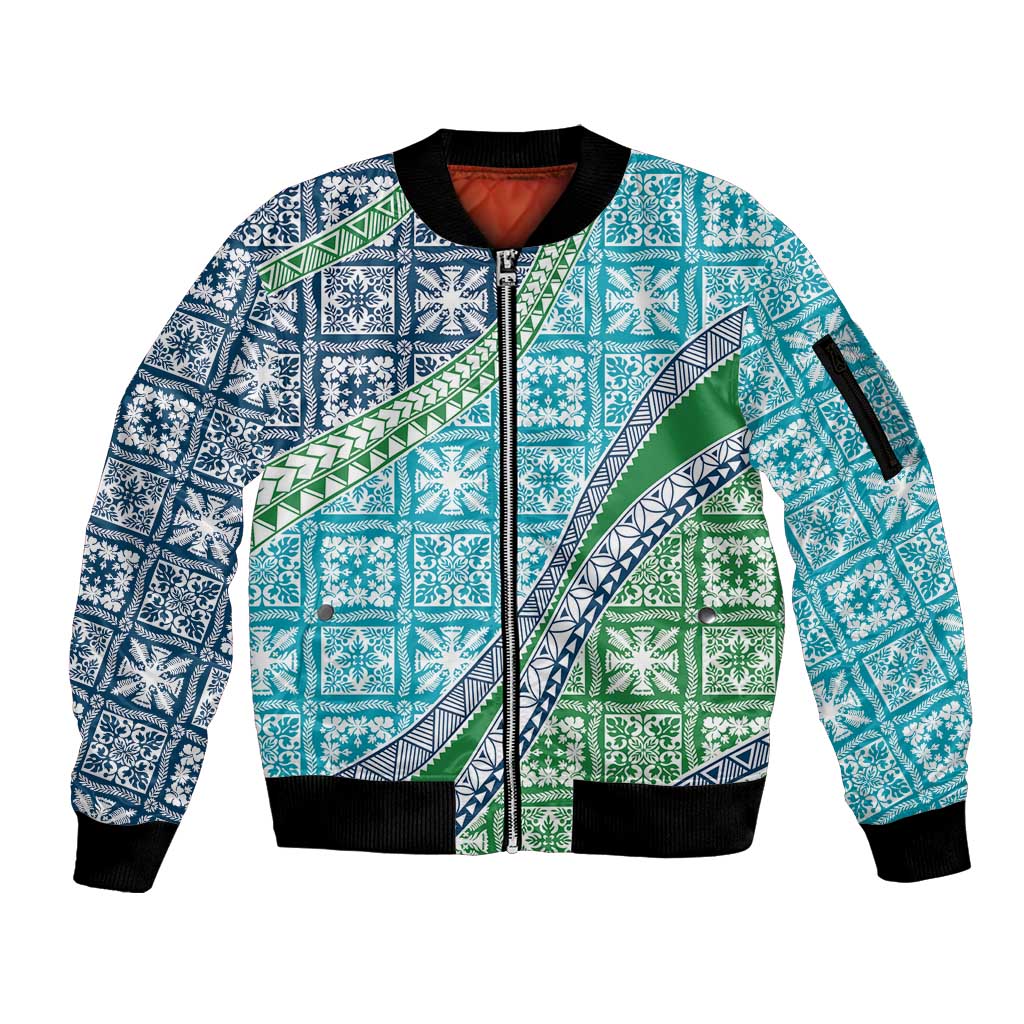 Hawaiian Quilt Pattern Sleeve Zip Bomber Jacket Fresh Color Mixed LT01 Unisex Green - Polynesian Pride