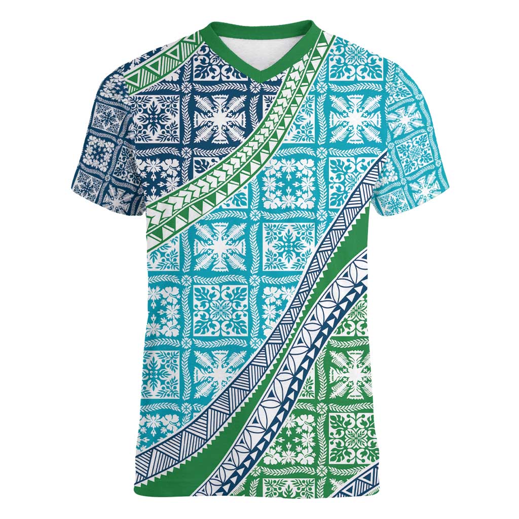 Hawaiian Quilt Pattern Women V-Neck T-Shirt Fresh Color Mixed LT01 Female Green - Polynesian Pride