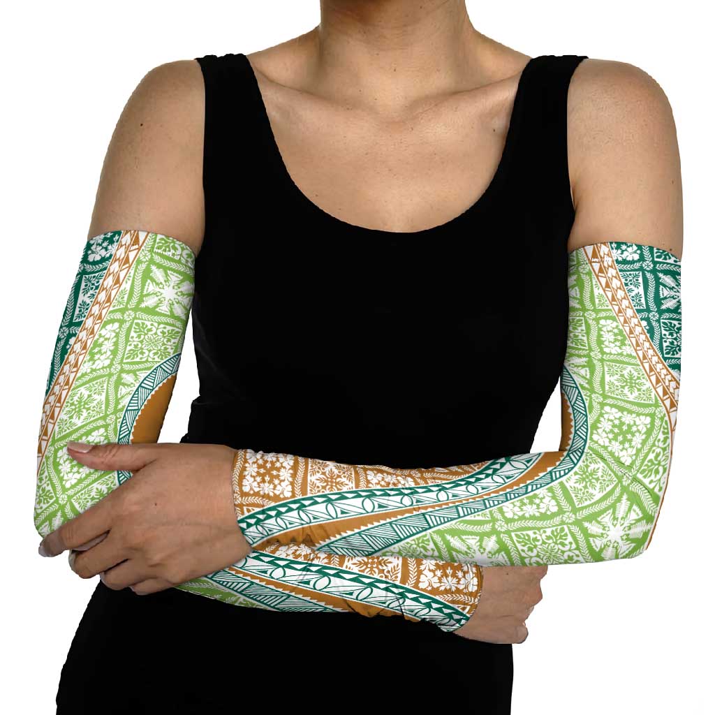 Hawaiian Quilt Pattern Arm Sleeves Green Chestnut Color Mixed - Polynesian Pride