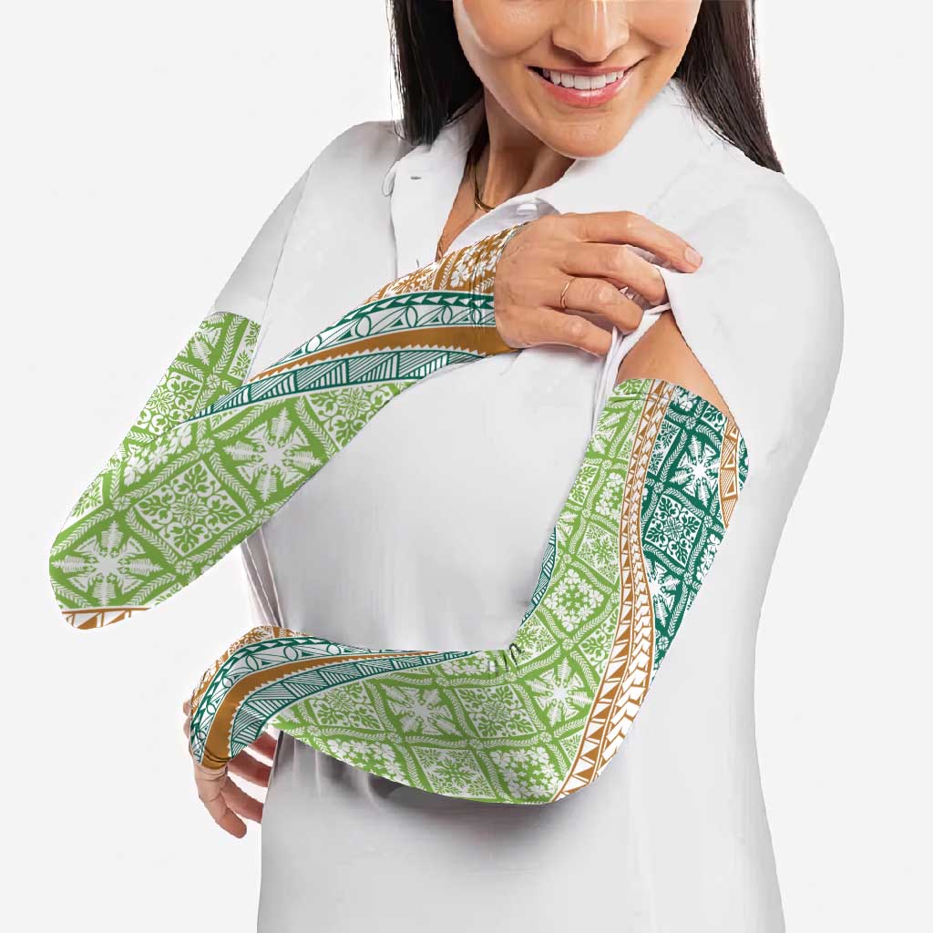 Hawaiian Quilt Pattern Arm Sleeves Green Chestnut Color Mixed - Polynesian Pride