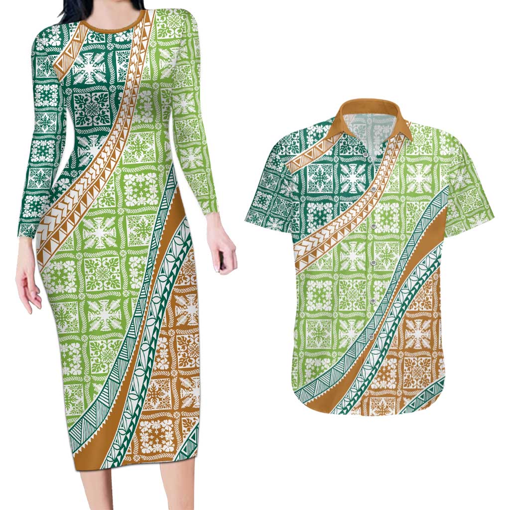 Hawaiian Quilt Pattern Couples Matching Long Sleeve Bodycon Dress and Hawaiian Shirt Green Chestnut Color Mixed LT01 Green - Polynesian Pride