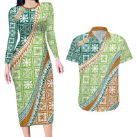 Hawaiian Quilt Pattern Couples Matching Long Sleeve Bodycon Dress and Hawaiian Shirt Green Chestnut Color Mixed LT01 Green - Polynesian Pride