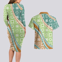 Hawaiian Quilt Pattern Couples Matching Long Sleeve Bodycon Dress and Hawaiian Shirt Green Chestnut Color Mixed LT01 - Polynesian Pride