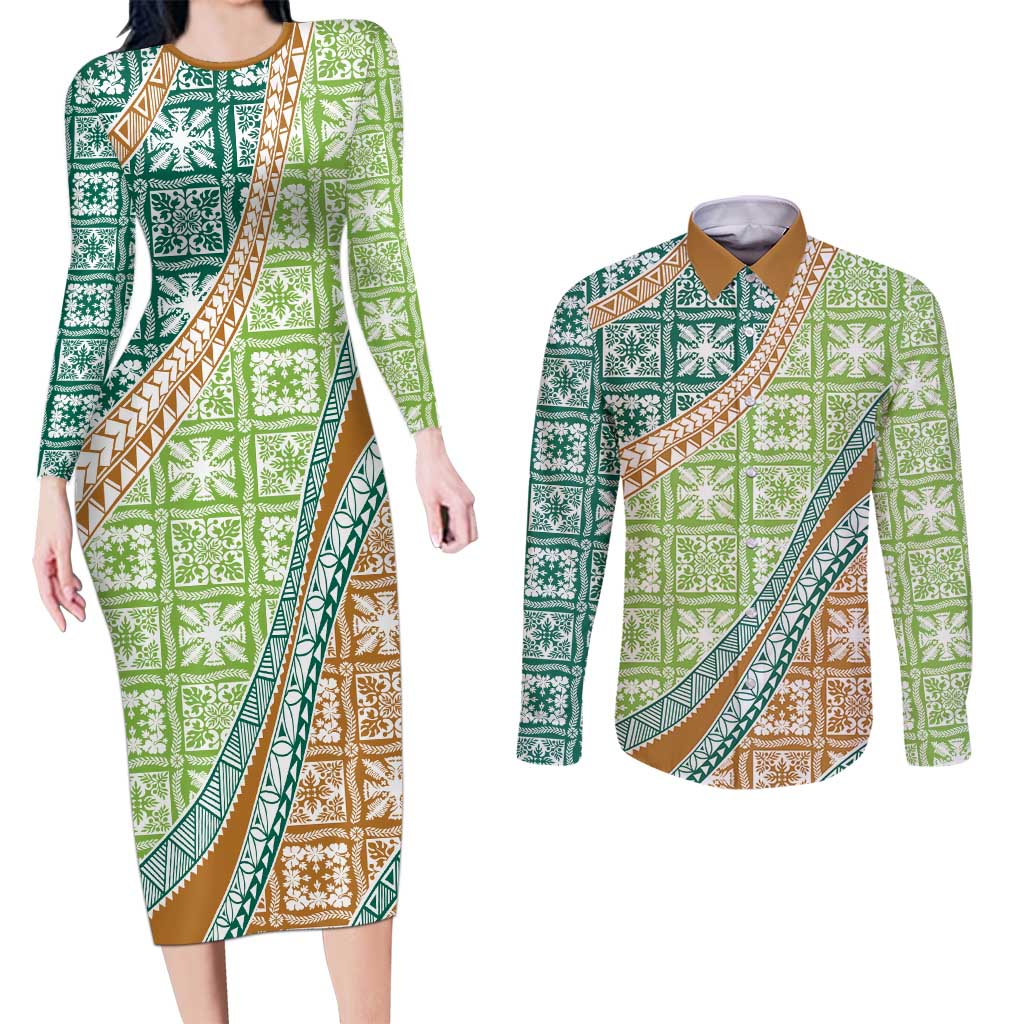 Hawaiian Quilt Pattern Couples Matching Long Sleeve Bodycon Dress and Long Sleeve Button Shirt Green Chestnut Color Mixed LT01 Green - Polynesian Pride