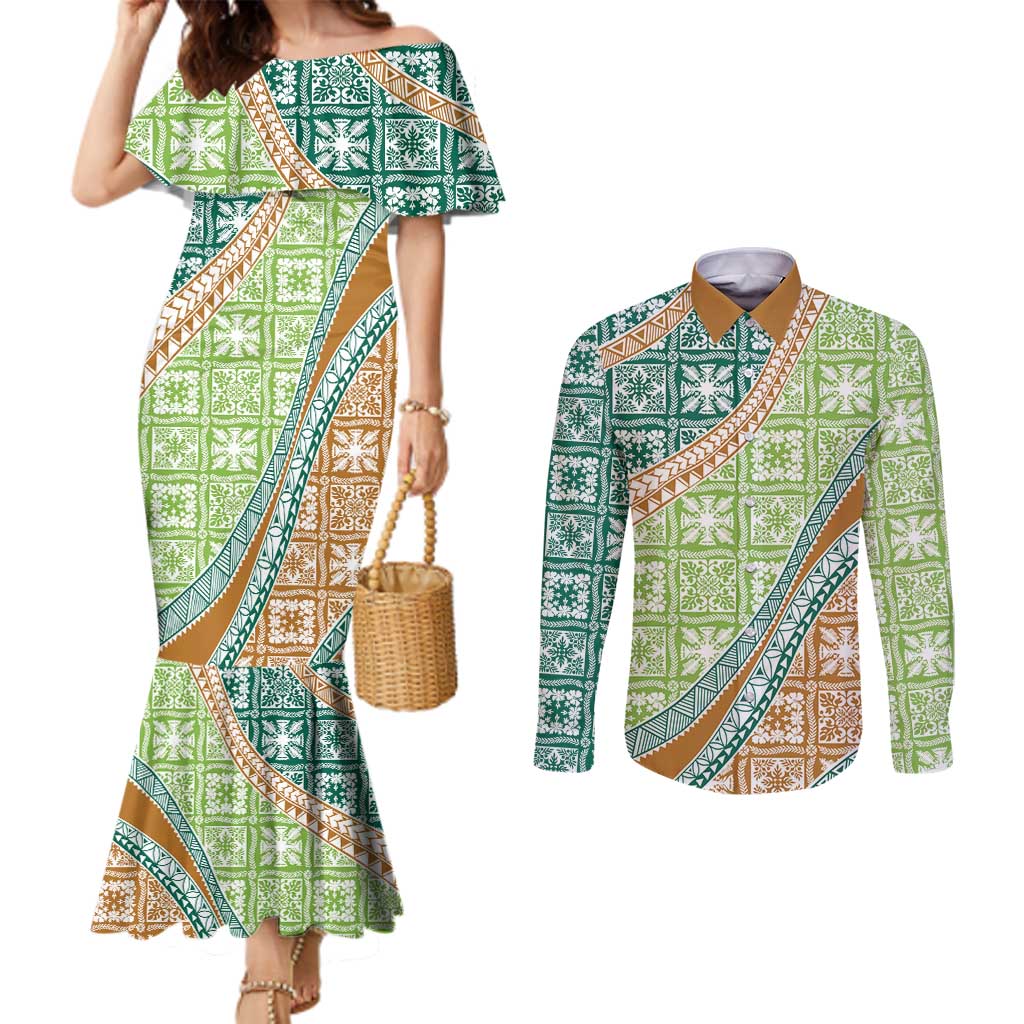 Hawaiian Quilt Pattern Couples Matching Mermaid Dress and Long Sleeve Button Shirt Green Chestnut Color Mixed LT01 Green - Polynesian Pride