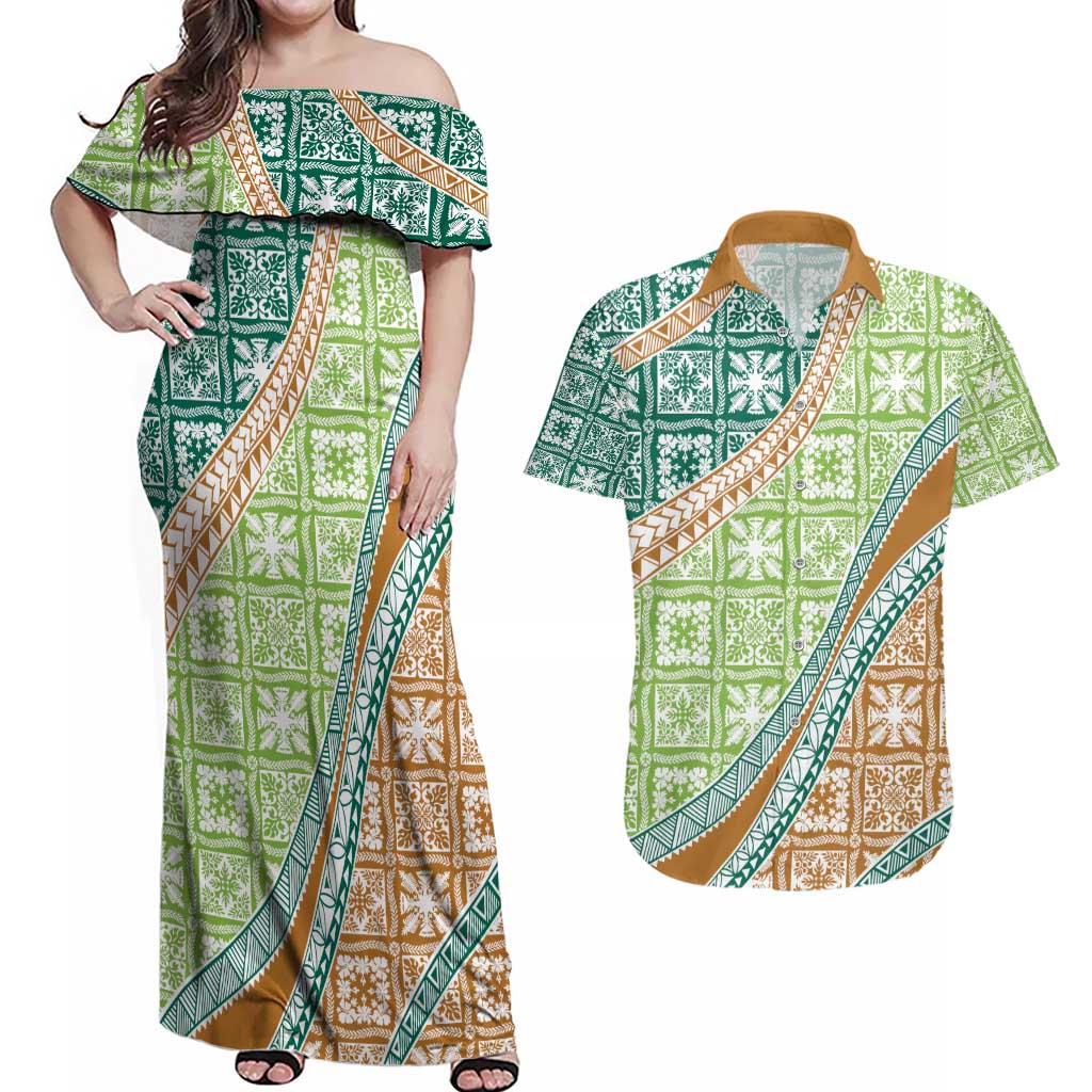 Hawaiian Quilt Pattern Couples Matching Off Shoulder Maxi Dress and Hawaiian Shirt Green Chestnut Color Mixed LT01 Green - Polynesian Pride