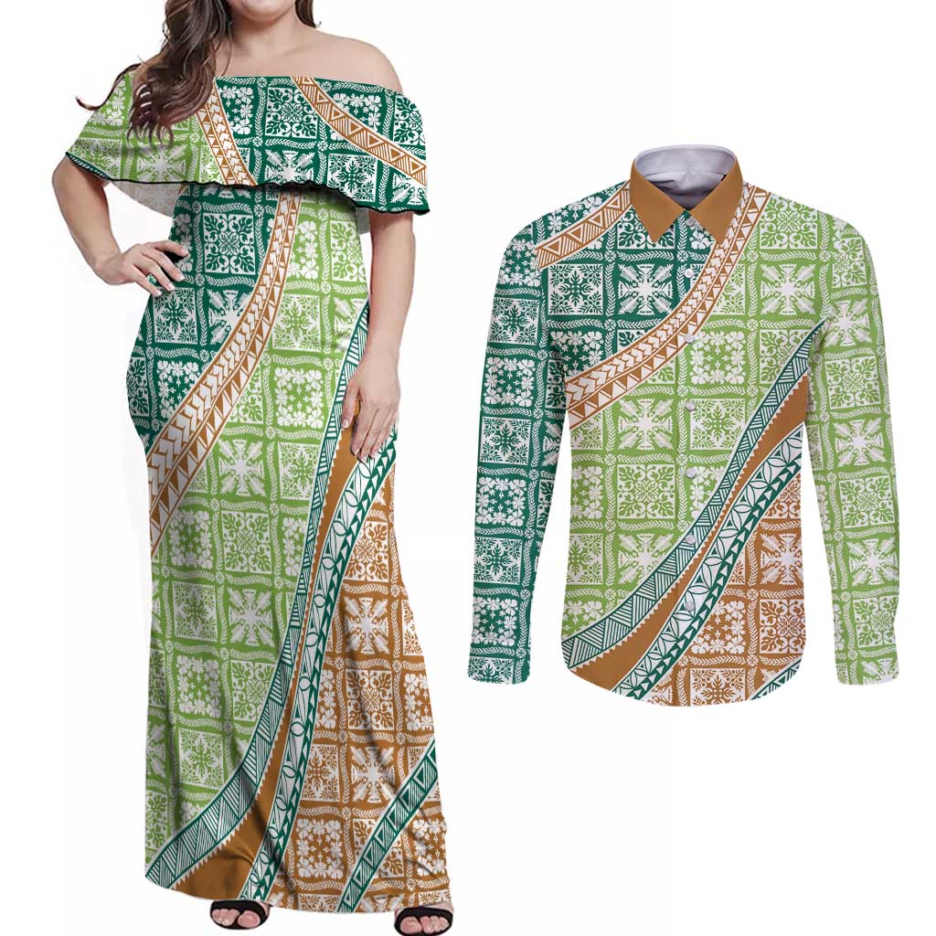 Hawaiian Quilt Pattern Couples Matching Off Shoulder Maxi Dress and Long Sleeve Button Shirt Green Chestnut Color Mixed LT01 Green - Polynesian Pride