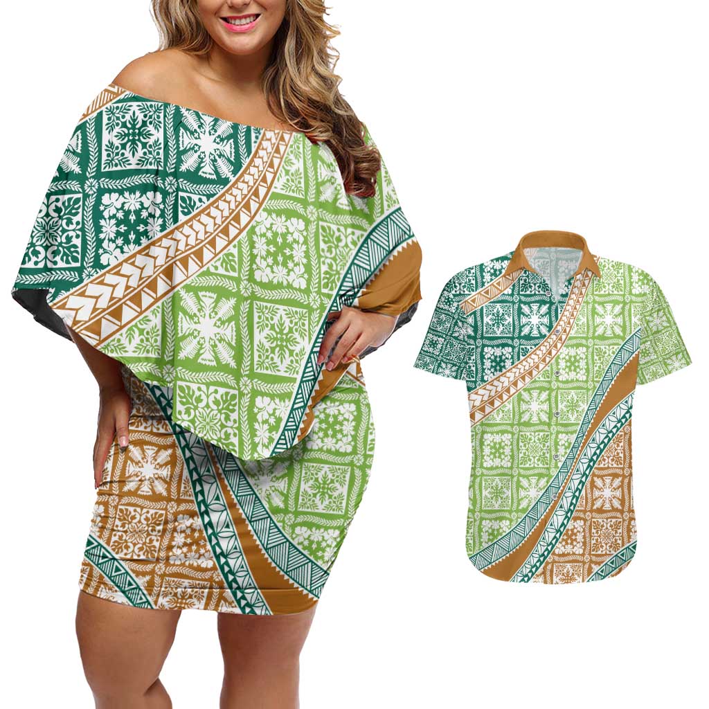 Hawaiian Quilt Pattern Couples Matching Off Shoulder Short Dress and Hawaiian Shirt Green Chestnut Color Mixed LT01 Green - Polynesian Pride
