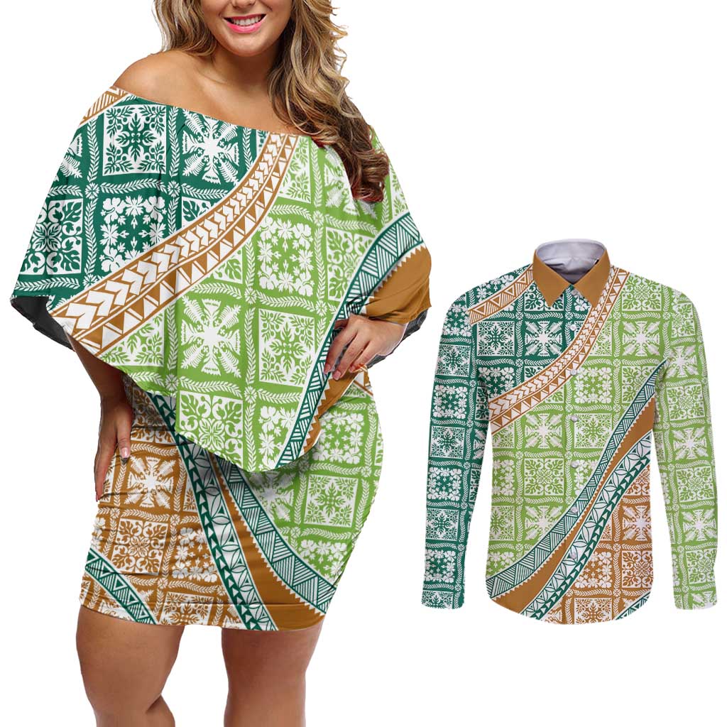 Hawaiian Quilt Pattern Couples Matching Off Shoulder Short Dress and Long Sleeve Button Shirt Green Chestnut Color Mixed LT01 Green - Polynesian Pride