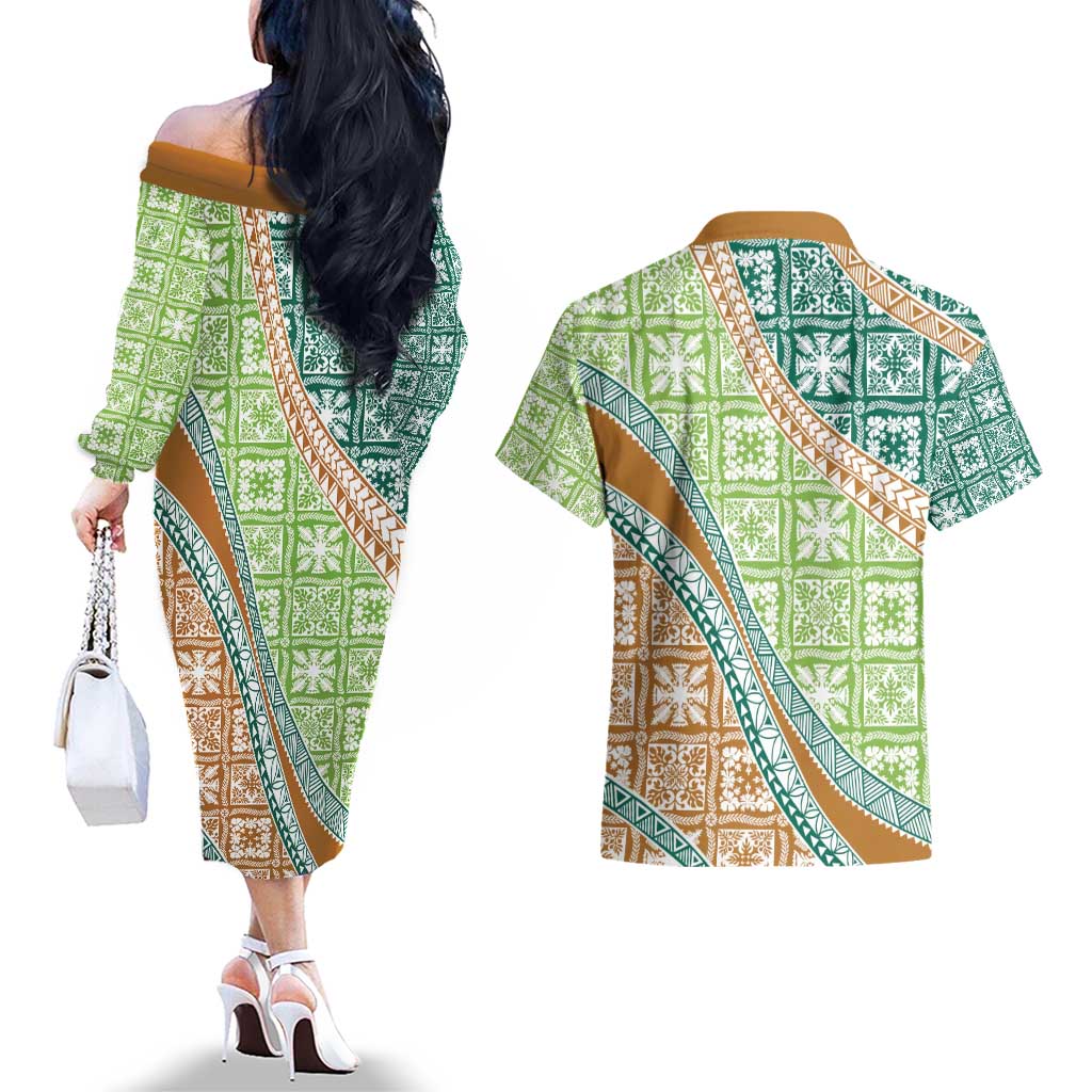Hawaiian Quilt Pattern Couples Matching Off The Shoulder Long Sleeve Dress and Hawaiian Shirt Green Chestnut Color Mixed LT01 - Polynesian Pride