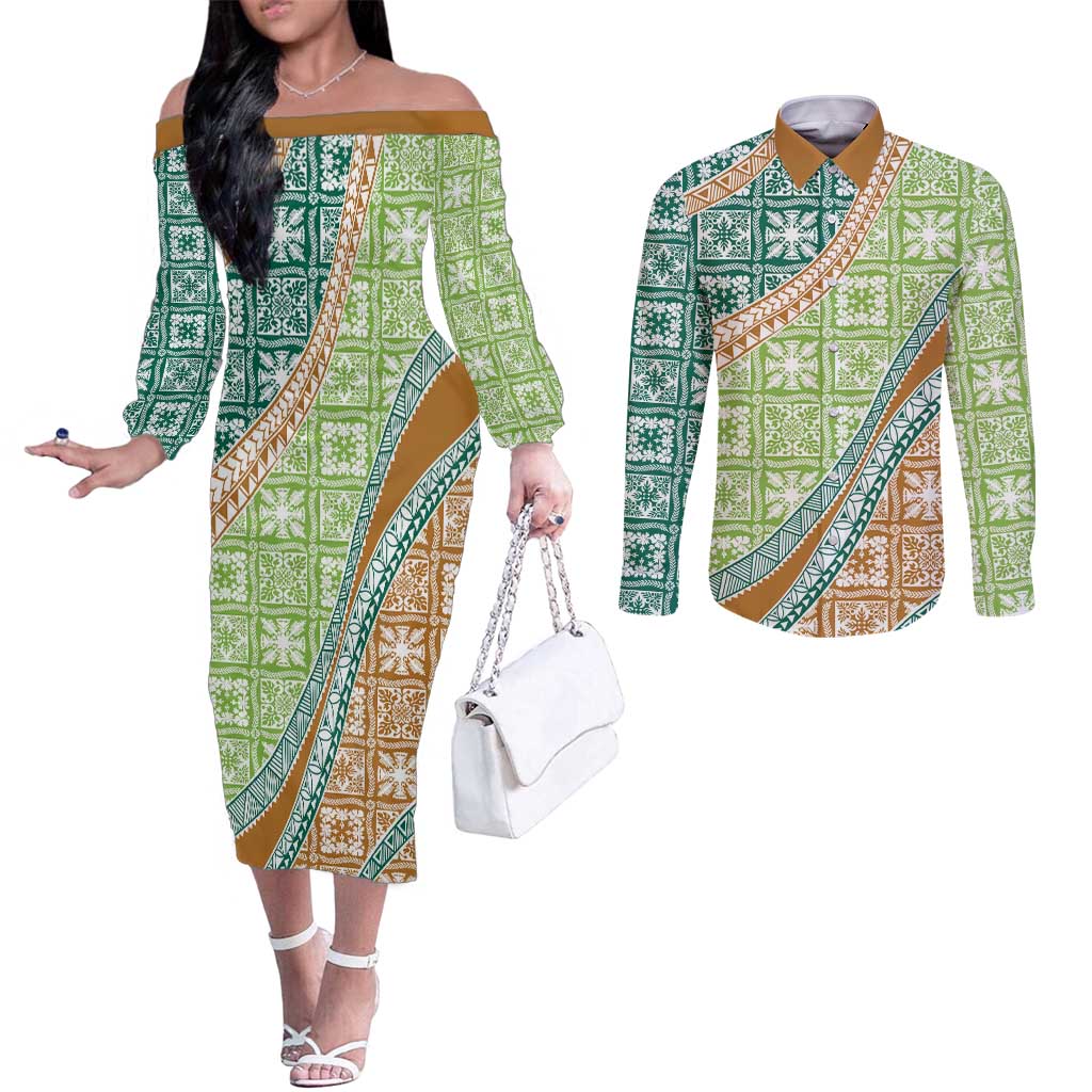 Hawaiian Quilt Pattern Couples Matching Off The Shoulder Long Sleeve Dress and Long Sleeve Button Shirt Green Chestnut Color Mixed LT01 Green - Polynesian Pride