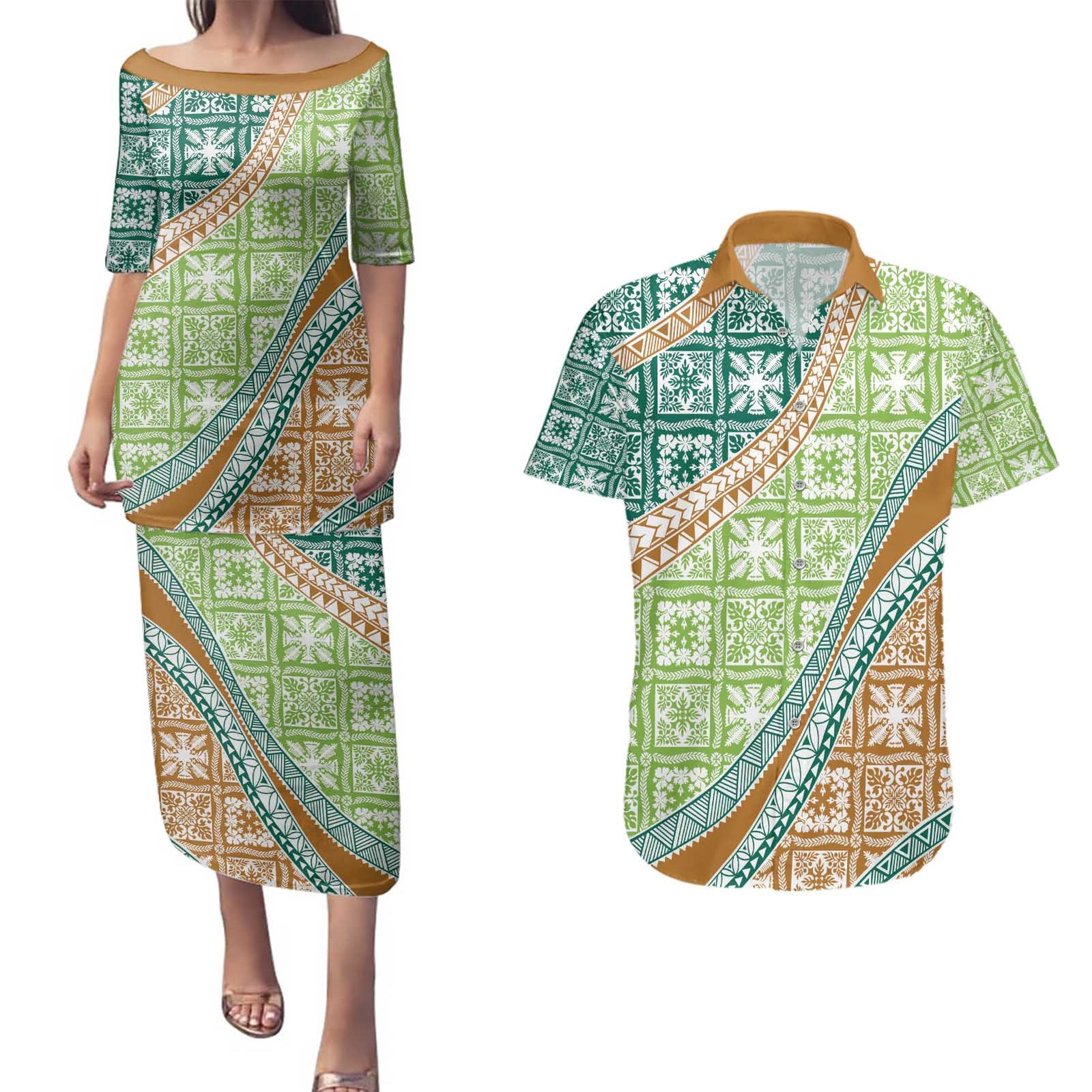 Hawaiian Quilt Pattern Couples Matching Puletasi and Hawaiian Shirt Green Chestnut Color Mixed LT01 Green - Polynesian Pride