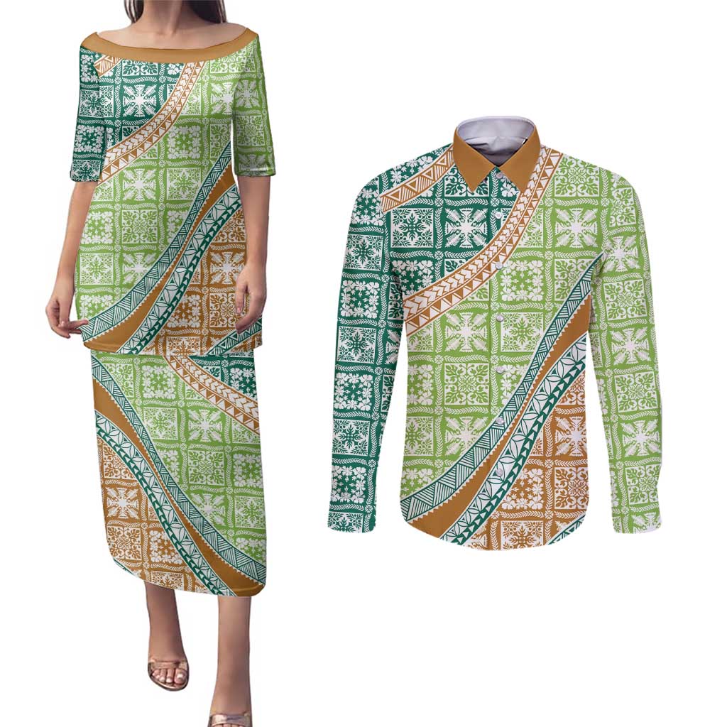 Hawaiian Quilt Pattern Couples Matching Puletasi and Long Sleeve Button Shirt Green Chestnut Color Mixed LT01 Green - Polynesian Pride