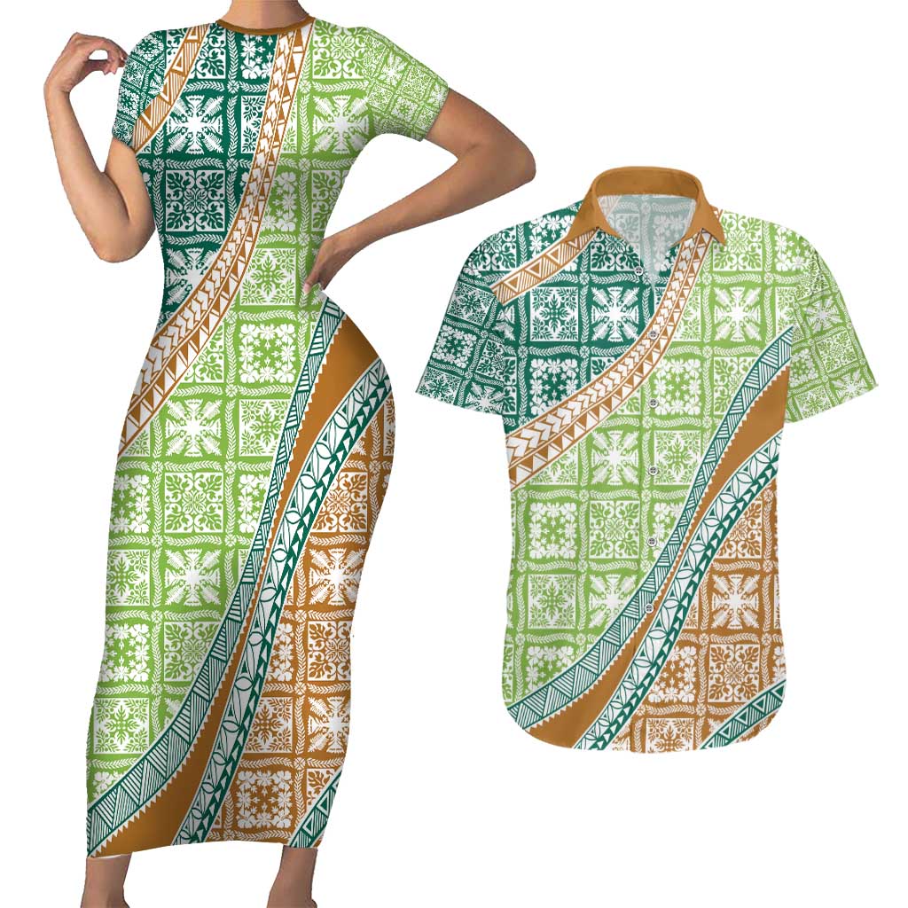 Hawaiian Quilt Pattern Couples Matching Short Sleeve Bodycon Dress and Hawaiian Shirt Green Chestnut Color Mixed LT01 Green - Polynesian Pride