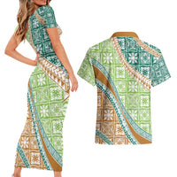 Hawaiian Quilt Pattern Couples Matching Short Sleeve Bodycon Dress and Hawaiian Shirt Green Chestnut Color Mixed LT01 - Polynesian Pride
