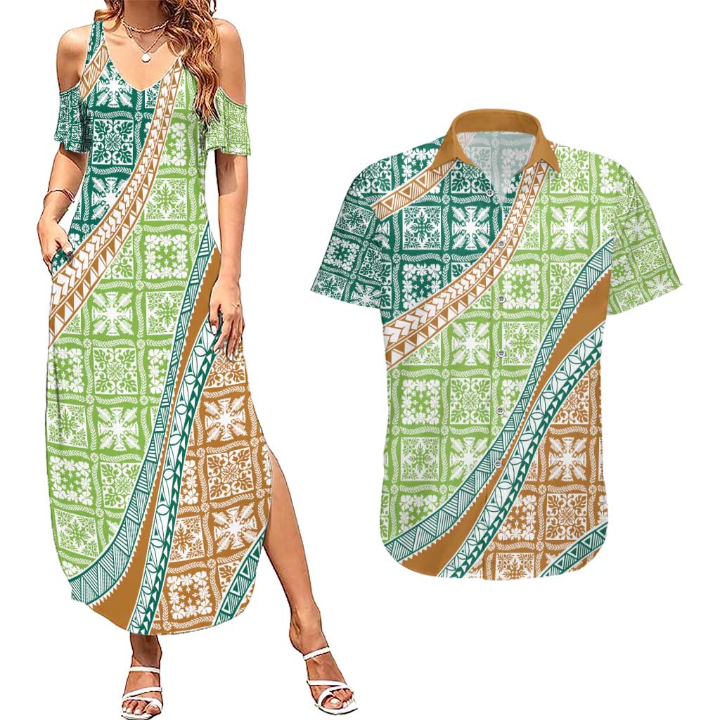 Hawaiian Quilt Pattern Couples Matching Summer Maxi Dress and Hawaiian Shirt Green Chestnut Color Mixed LT01 Green - Polynesian Pride