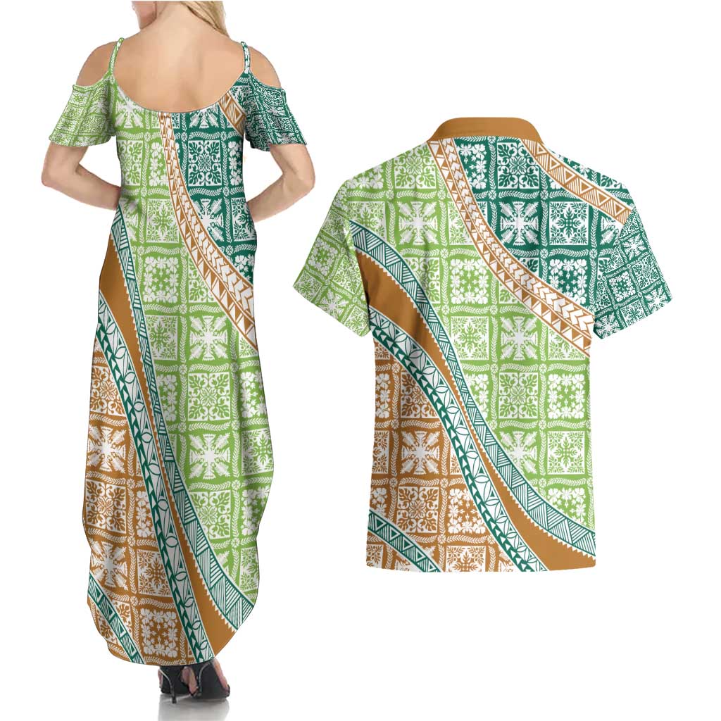 Hawaiian Quilt Pattern Couples Matching Summer Maxi Dress and Hawaiian Shirt Green Chestnut Color Mixed - Polynesian Pride
