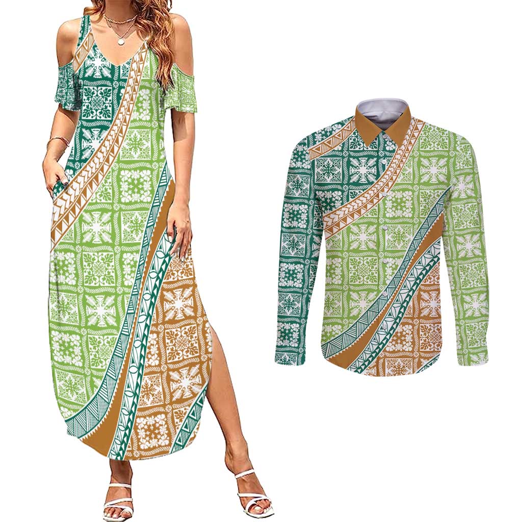 Hawaiian Quilt Pattern Couples Matching Summer Maxi Dress and Long Sleeve Button Shirt Green Chestnut Color Mixed LT01 Green - Polynesian Pride