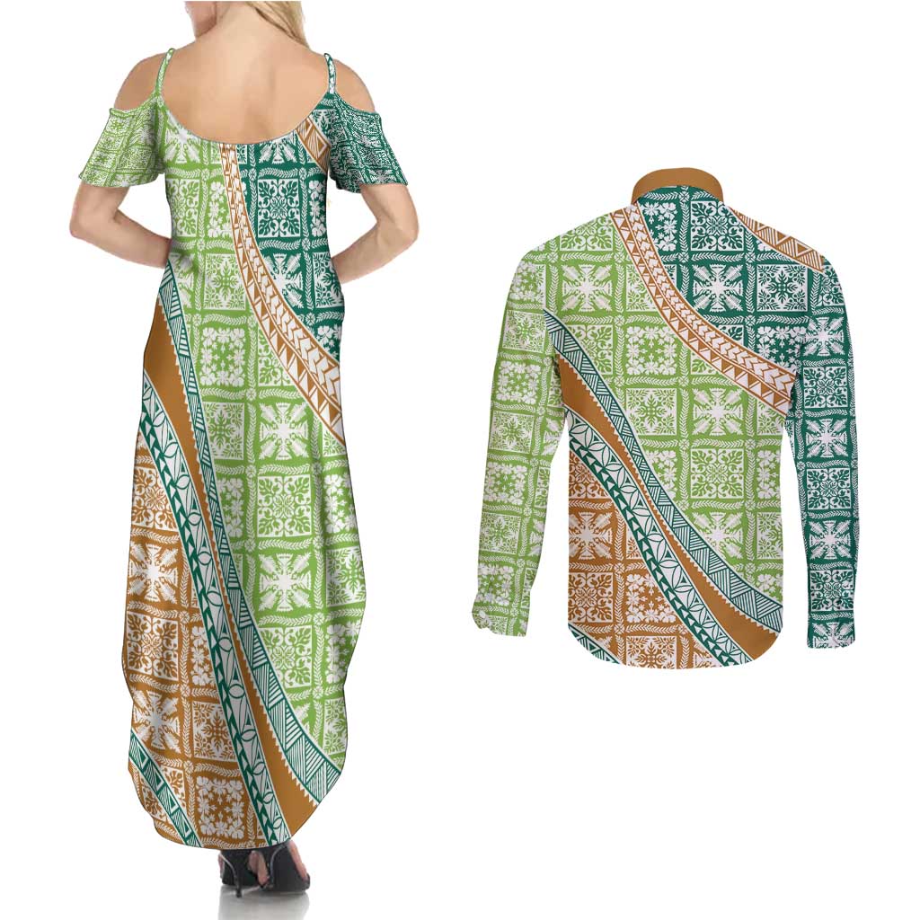 Hawaiian Quilt Pattern Couples Matching Summer Maxi Dress and Long Sleeve Button Shirt Green Chestnut Color Mixed LT01 - Polynesian Pride