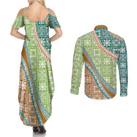Hawaiian Quilt Pattern Couples Matching Summer Maxi Dress and Long Sleeve Button Shirt Green Chestnut Color Mixed LT01 - Polynesian Pride