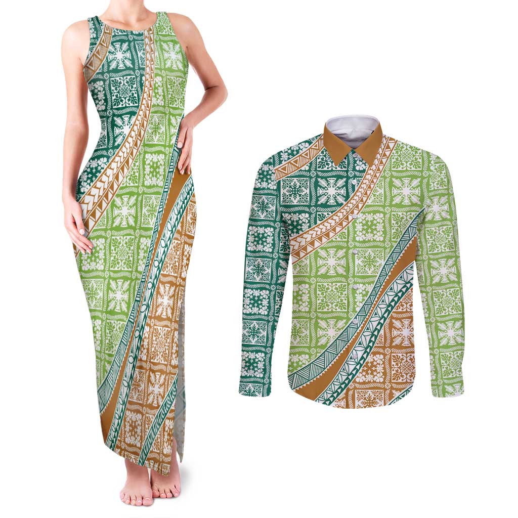 Hawaiian Quilt Pattern Couples Matching Tank Maxi Dress and Long Sleeve Button Shirt Green Chestnut Color Mixed LT01 Green - Polynesian Pride
