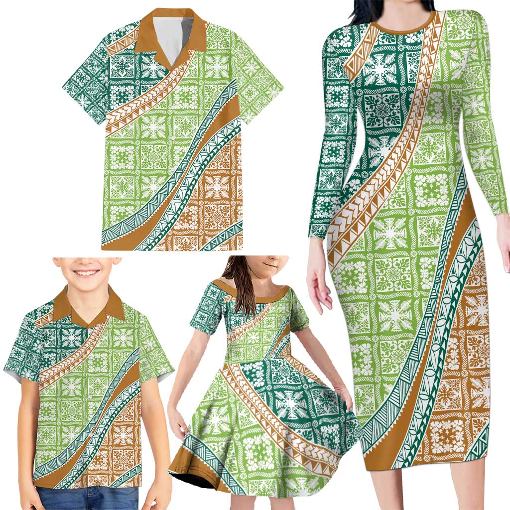 Hawaiian Quilt Pattern Family Matching Long Sleeve Bodycon Dress and Hawaiian Shirt Green Chestnut Color Mixed LT01 - Polynesian Pride