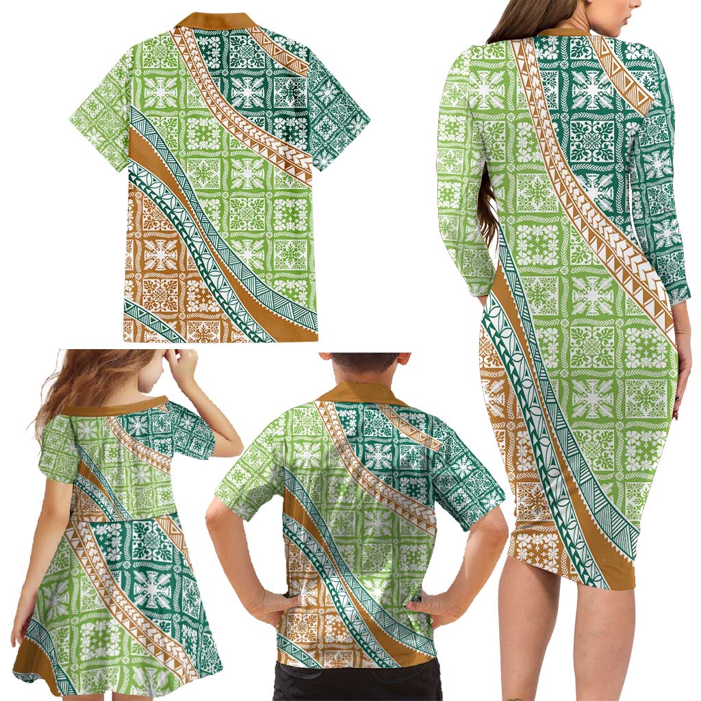 Hawaiian Quilt Pattern Family Matching Long Sleeve Bodycon Dress and Hawaiian Shirt Green Chestnut Color Mixed LT01 - Polynesian Pride