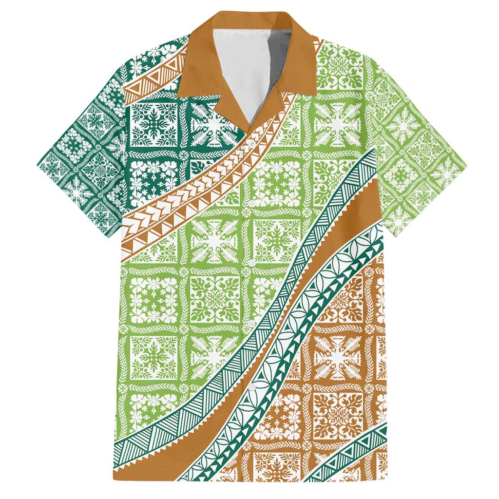 Hawaiian Quilt Pattern Family Matching Long Sleeve Bodycon Dress and Hawaiian Shirt Green Chestnut Color Mixed LT01 Dad's Shirt - Short Sleeve Green - Polynesian Pride