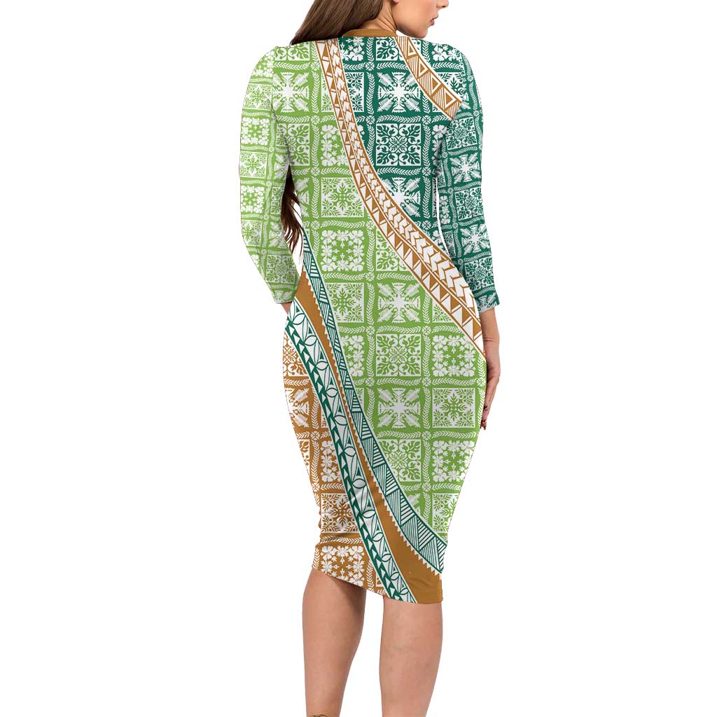 Hawaiian Quilt Pattern Family Matching Long Sleeve Bodycon Dress and Hawaiian Shirt Green Chestnut Color Mixed LT01 - Polynesian Pride