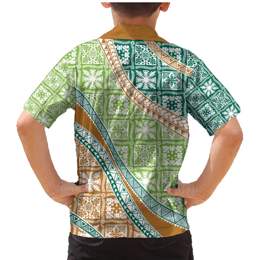 Hawaiian Quilt Pattern Family Matching Mermaid Dress and Hawaiian Shirt Green Chestnut Color Mixed LT01 - Polynesian Pride