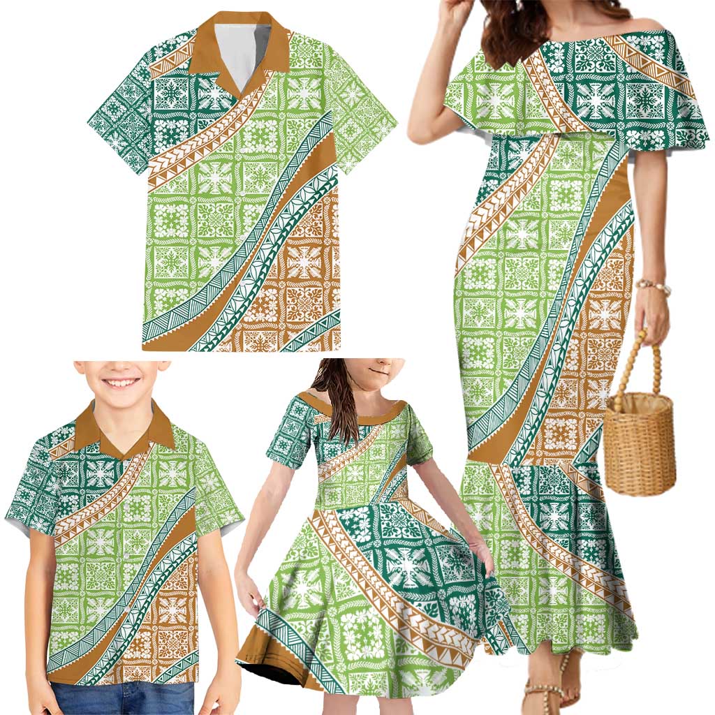 Hawaiian Quilt Pattern Family Matching Mermaid Dress and Hawaiian Shirt Green Chestnut Color Mixed LT01 - Polynesian Pride