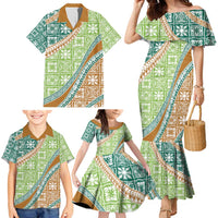 Hawaiian Quilt Pattern Family Matching Mermaid Dress and Hawaiian Shirt Green Chestnut Color Mixed LT01 - Polynesian Pride