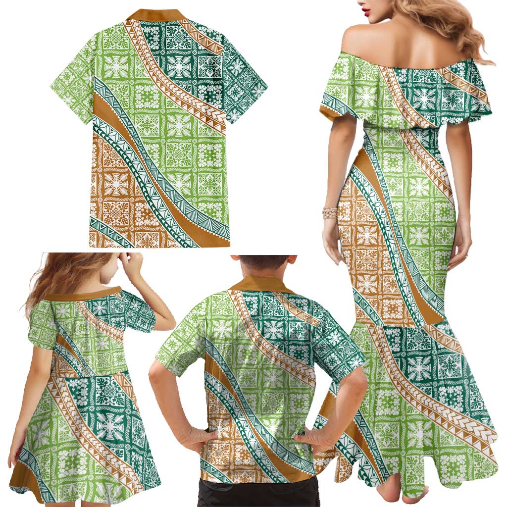 Hawaiian Quilt Pattern Family Matching Mermaid Dress and Hawaiian Shirt Green Chestnut Color Mixed LT01 - Polynesian Pride