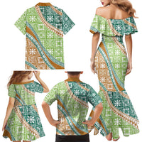 Hawaiian Quilt Pattern Family Matching Mermaid Dress and Hawaiian Shirt Green Chestnut Color Mixed LT01 - Polynesian Pride