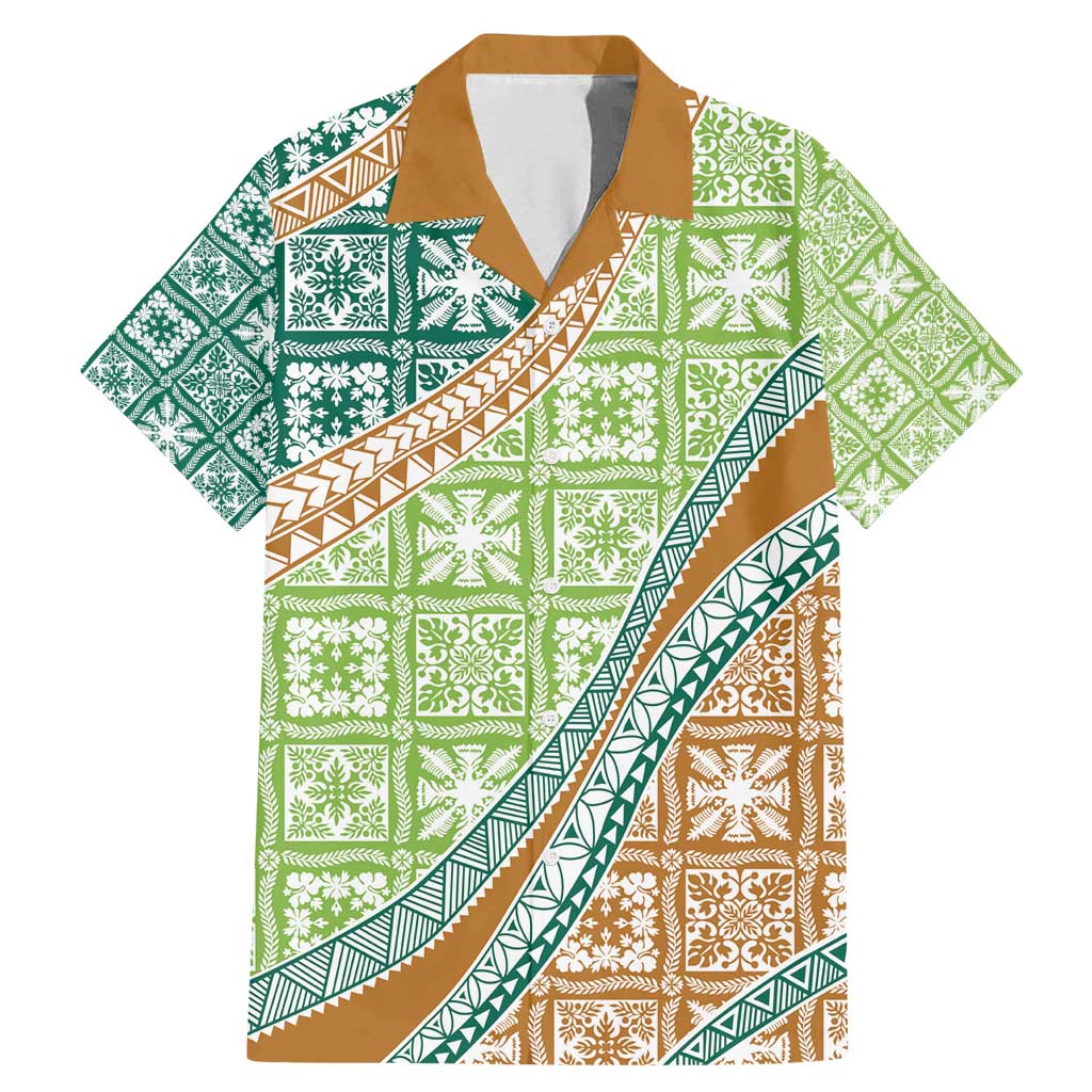 Hawaiian Quilt Pattern Family Matching Mermaid Dress and Hawaiian Shirt Green Chestnut Color Mixed LT01 Dad's Shirt - Short Sleeve Green - Polynesian Pride