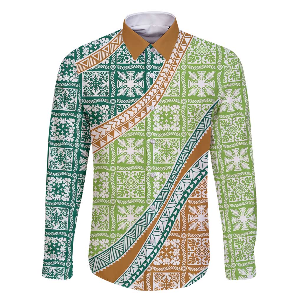 Hawaiian Quilt Pattern Family Matching Mermaid Dress and Hawaiian Shirt Green Chestnut Color Mixed LT01 Dad's Shirt - Long Sleeve Green - Polynesian Pride