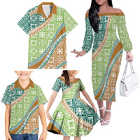 Hawaiian Quilt Pattern Family Matching Off The Shoulder Long Sleeve Dress and Hawaiian Shirt Green Chestnut Color Mixed LT01 - Polynesian Pride
