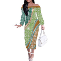 Hawaiian Quilt Pattern Family Matching Off The Shoulder Long Sleeve Dress and Hawaiian Shirt Green Chestnut Color Mixed LT01 Mom's Dress Green - Polynesian Pride
