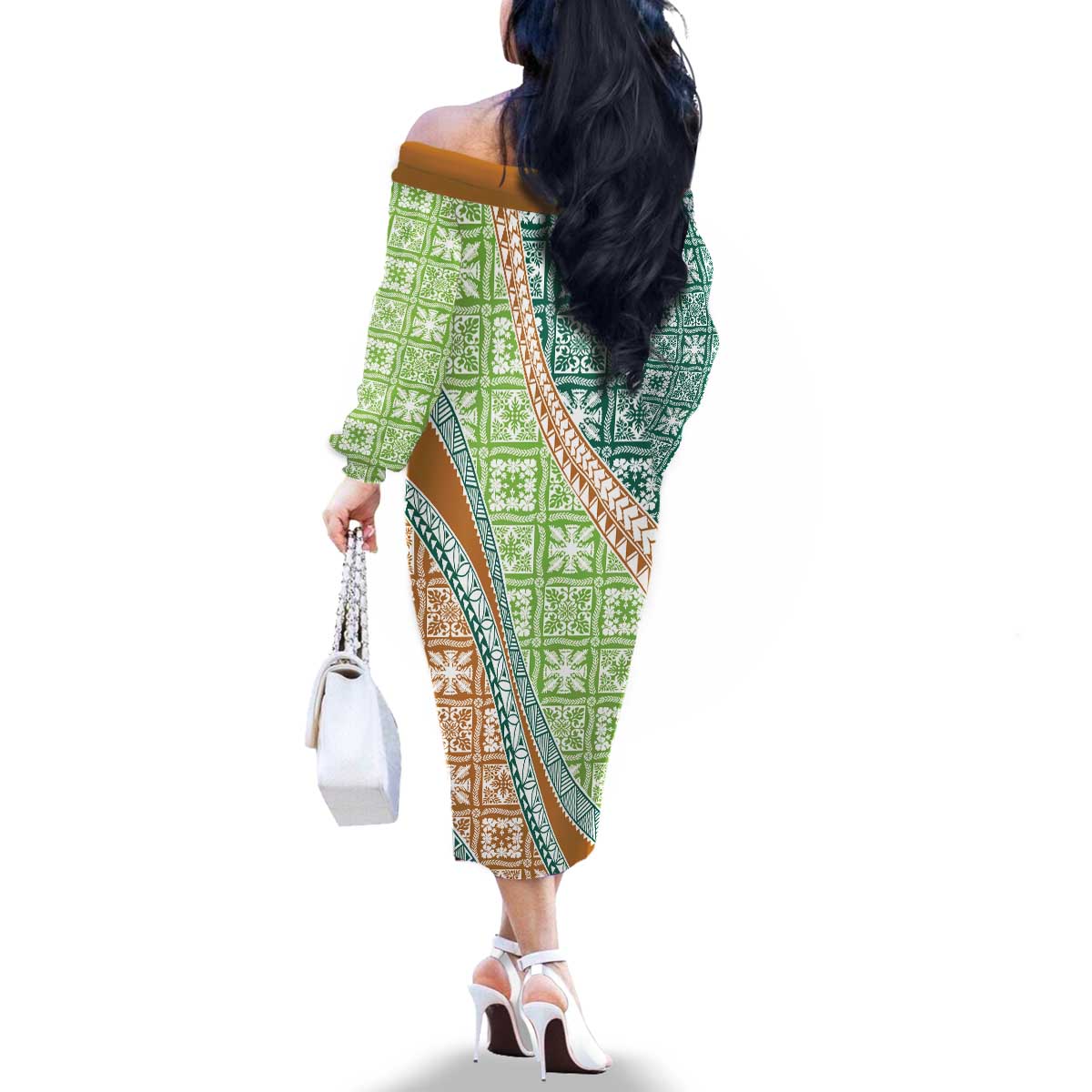 Hawaiian Quilt Pattern Family Matching Off The Shoulder Long Sleeve Dress and Hawaiian Shirt Green Chestnut Color Mixed LT01 - Polynesian Pride