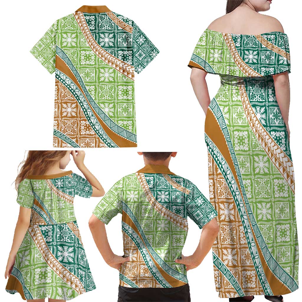 Hawaiian Quilt Pattern Family Matching Off Shoulder Maxi Dress and Hawaiian Shirt Green Chestnut Color Mixed LT01 - Polynesian Pride