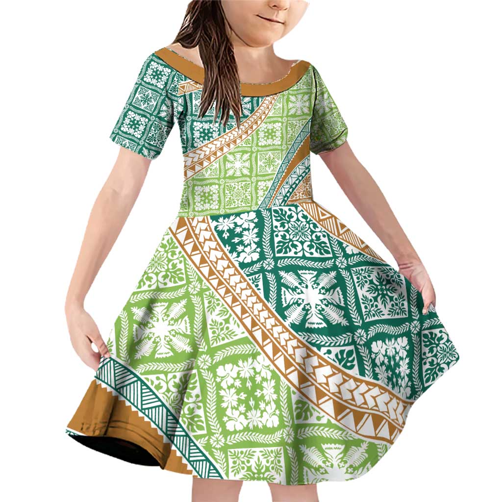 Hawaiian Quilt Pattern Family Matching Off Shoulder Short Dress and Hawaiian Shirt Green Chestnut Color Mixed LT01 Daughter's Dress Green - Polynesian Pride