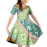 Hawaiian Quilt Pattern Family Matching Off Shoulder Short Dress and Hawaiian Shirt Green Chestnut Color Mixed LT01 Daughter's Dress Green - Polynesian Pride