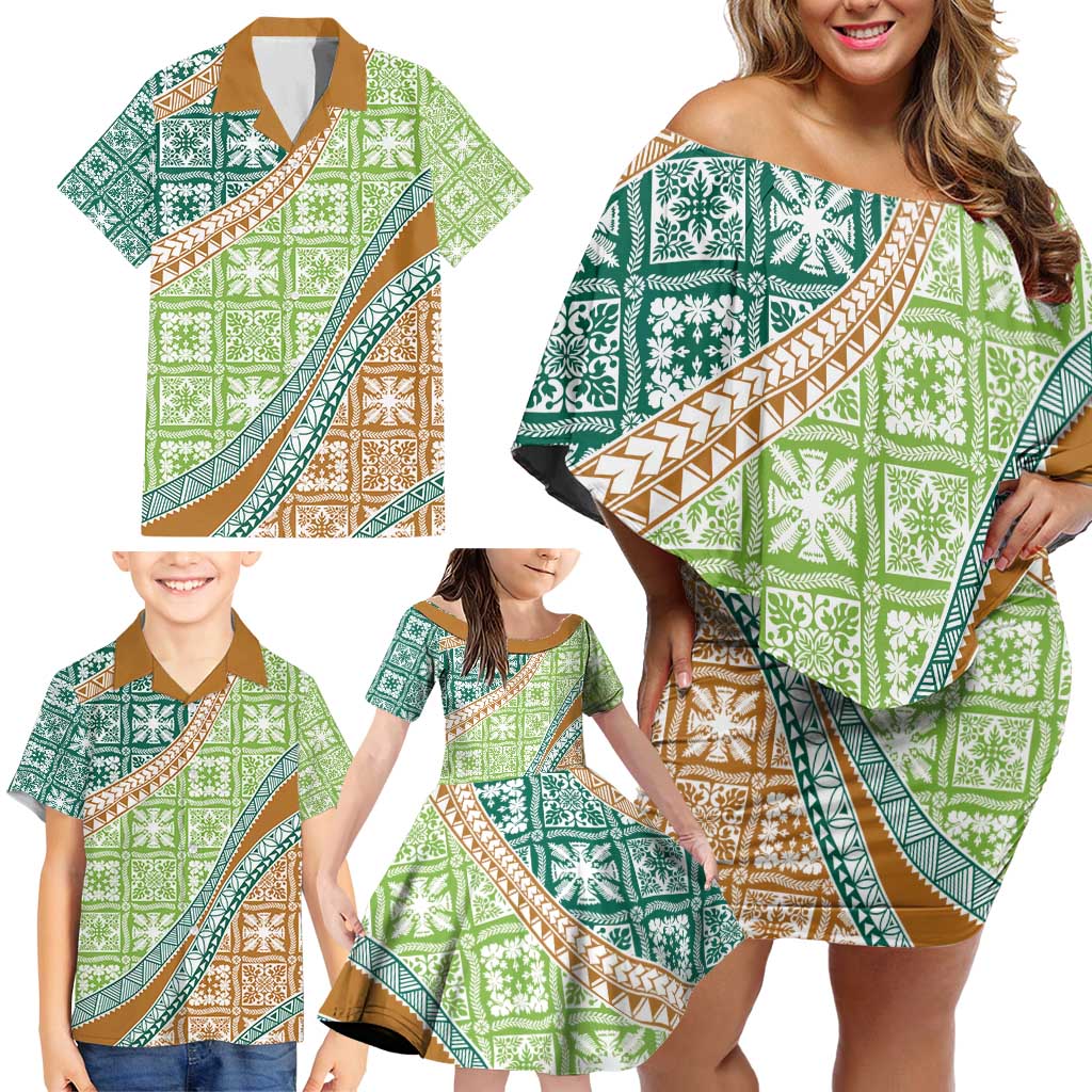 Hawaiian Quilt Pattern Family Matching Off Shoulder Short Dress and Hawaiian Shirt Green Chestnut Color Mixed LT01 - Polynesian Pride