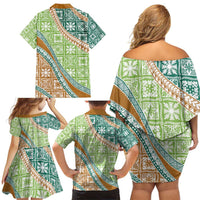 Hawaiian Quilt Pattern Family Matching Off Shoulder Short Dress and Hawaiian Shirt Green Chestnut Color Mixed LT01 - Polynesian Pride