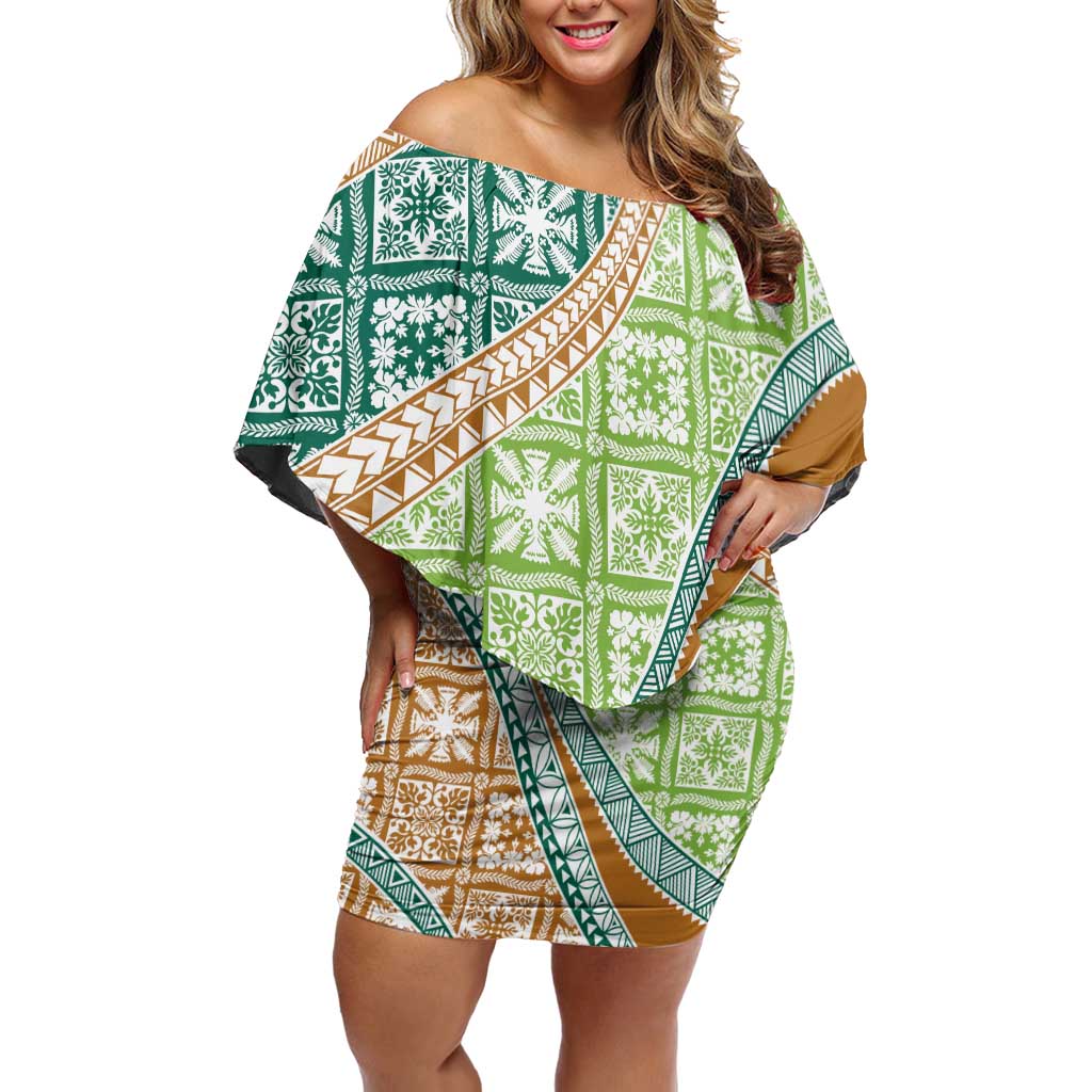 Hawaiian Quilt Pattern Family Matching Off Shoulder Short Dress and Hawaiian Shirt Green Chestnut Color Mixed LT01 Mom's Dress Green - Polynesian Pride