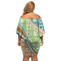 Hawaiian Quilt Pattern Family Matching Off Shoulder Short Dress and Hawaiian Shirt Green Chestnut Color Mixed LT01 - Polynesian Pride