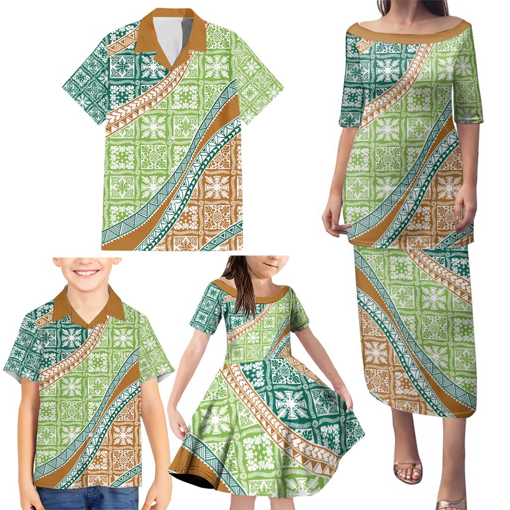 Hawaiian Quilt Pattern Family Matching Puletasi and Hawaiian Shirt Green Chestnut Color Mixed LT01 - Polynesian Pride