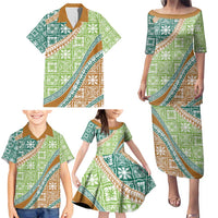 Hawaiian Quilt Pattern Family Matching Puletasi and Hawaiian Shirt Green Chestnut Color Mixed LT01 - Polynesian Pride
