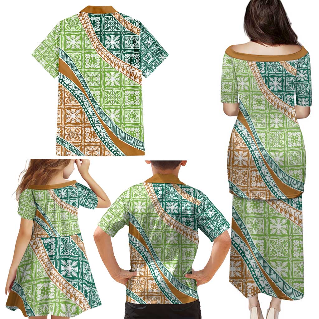 Hawaiian Quilt Pattern Family Matching Puletasi and Hawaiian Shirt Green Chestnut Color Mixed LT01 - Polynesian Pride