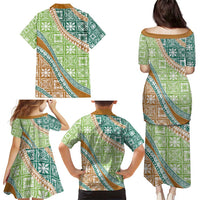 Hawaiian Quilt Pattern Family Matching Puletasi and Hawaiian Shirt Green Chestnut Color Mixed LT01 - Polynesian Pride